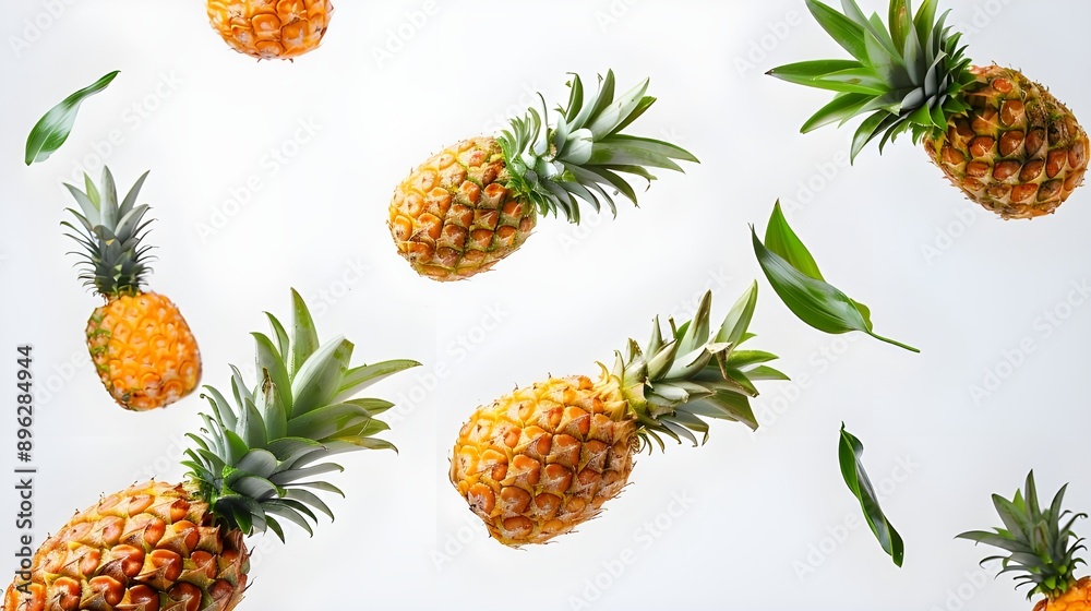 Two whole pineapples with their rugged skins and green tops, arranged amidst scattered green leaves on a white background. Two whole pineapples with their rugged skins and green tops, arranged amidst scattered green leaves on a white background.