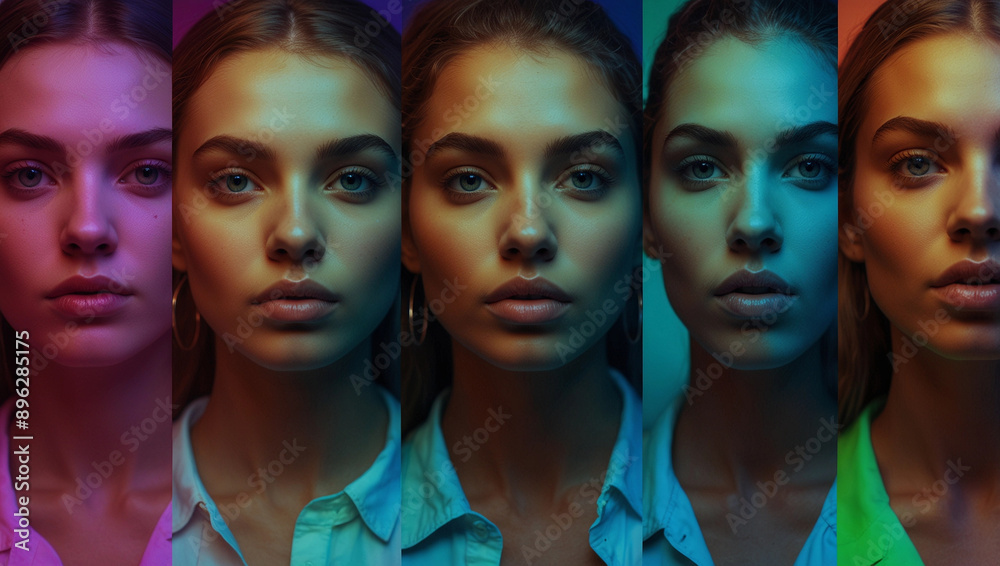 Obraz premium Diversity group of people stylish portraits of group of people on multicolored background in neon light