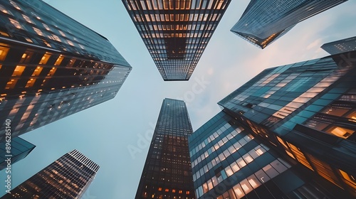 Dramatic convergence of skyscrapers with reflective facades under a blue sky, creating a stunning urban canyon. photo