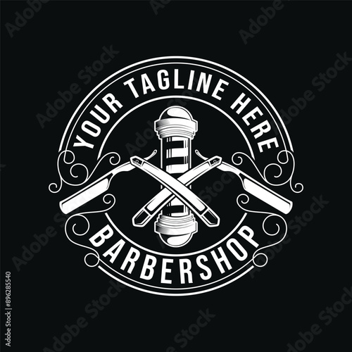 Barbershop logo.Barber pole and razor icon in classic retro Vintage style, vector illustration design