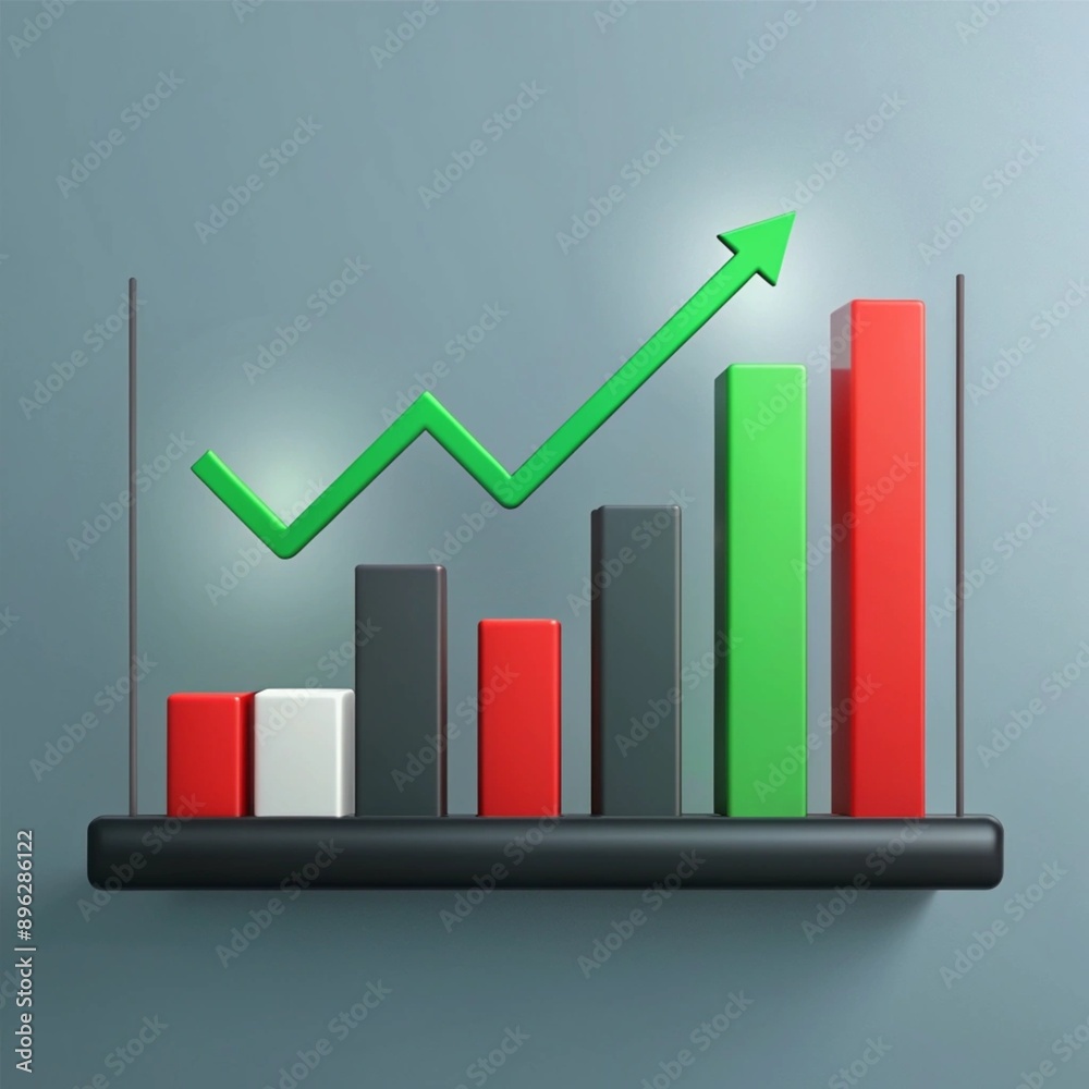 The image presents a simplified bar chart composed of alternating red and black bars and a line graph that generally trends upward. The image presents a simplified bar chart composed of alternating red and black bars and a line graph that generally trends upward.
