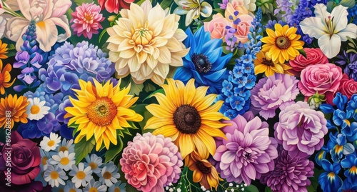 A vibrant display of various types and colors of dahlia, chrysanthemum, lavender, sunflowers, pink roses, yellow tulips, purple irises, and white lilies Generative AI photo