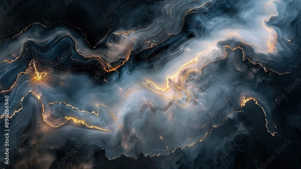 A black and white swirl with gold highlights at the center, surrounded by a blue and white swirl also with gold accents A black and white swirl with gold highlights at the center, surrounded by a blue and white swirl also with gold accents