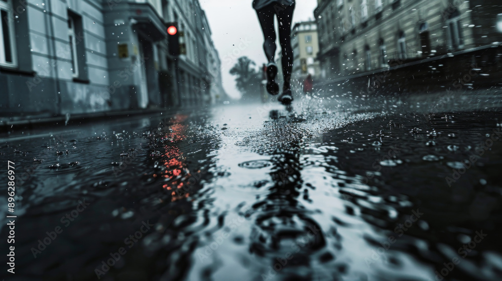 Obraz premium A runner jogs in the rain, captured from below. There is plenty of empty space in the image.