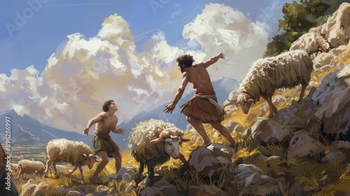 Cain and Abel with sheep, Religious concept of Sibling Rivalry. photo