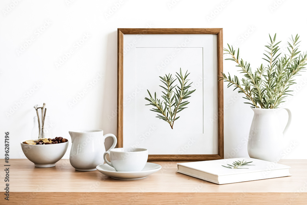 White Decor with Greenery on a Wooden Table White Decor with Greenery on a Wooden Table