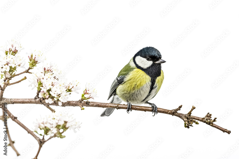 Naklejka premium Great Tit Perched on a Branch with White Flowers