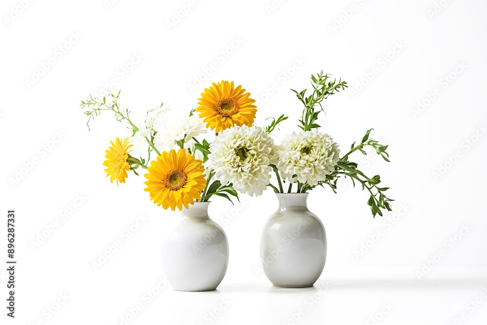 Naklejka premium White Vases with Yellow and White Flowers