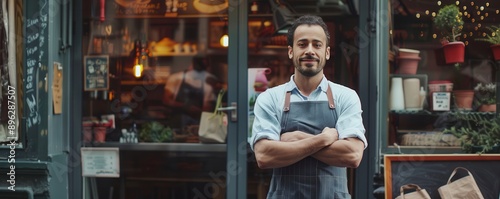 Small business owner in apron, standing outside shop.