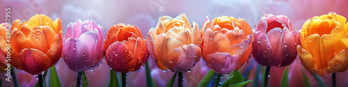 beautiful tulips blooming with dewdrops, fresh flowers with dew drops, blossom pattern banner. Design for Wall Art, Poster Print, Wallpaper & Background