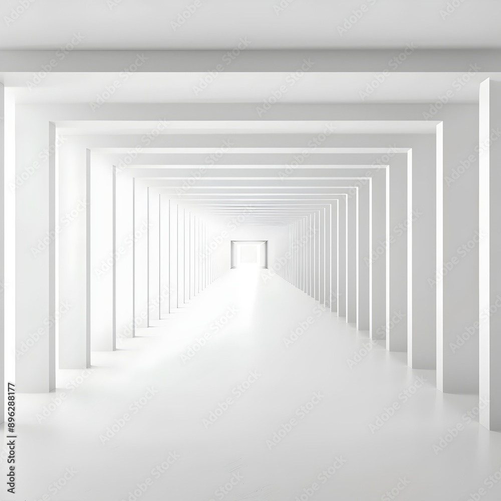 Obraz premium A pristine white tunnel with a series of geometric frames extending into the distance, creating an illusion of infinite depth and symmetry, embodying minimalist architecture.