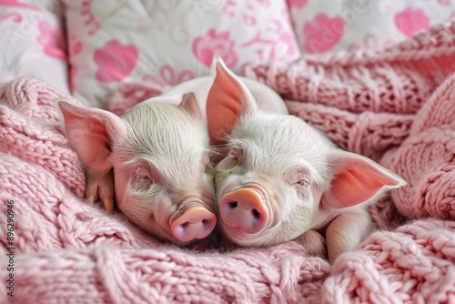 Two Piglets Snuggling in a Pink Blanket © diwek
