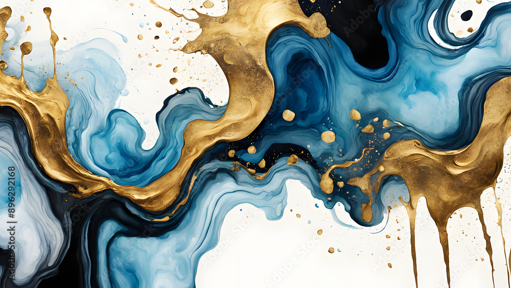 Ink abstract gold paint background art watercolor stone water luxury liquid texture marble. Abstract ink pattern modern gold ocean glitter black design splash blue light brush creative smoke sea sky