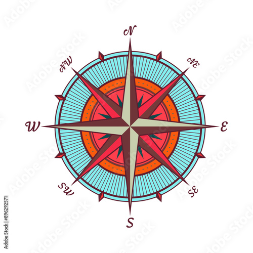 Vintage marine wind rose, nautical chart. Colorful navigational compass with cardinal directions of North, East, South, West. Geographical position, cartography and navigation. Vector illustration