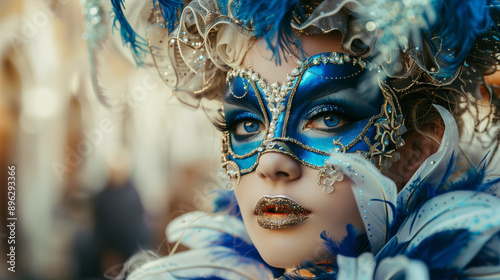 Model in an extravagant costume at a fantastical carnival