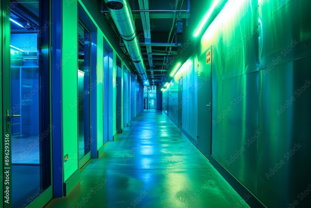 interior of a data center with neon lights, blue toned interior of a data center with neon lights, blue toned