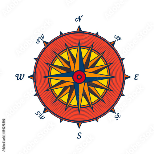 Vintage marine wind rose, nautical chart. Colorful navigational compass with cardinal directions of North, East, South, West. Geographical position, cartography and navigation. Vector illustration