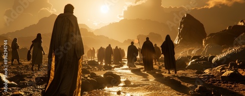 Exodus of the bible, Moses crossing the desert with the Israelites, photo