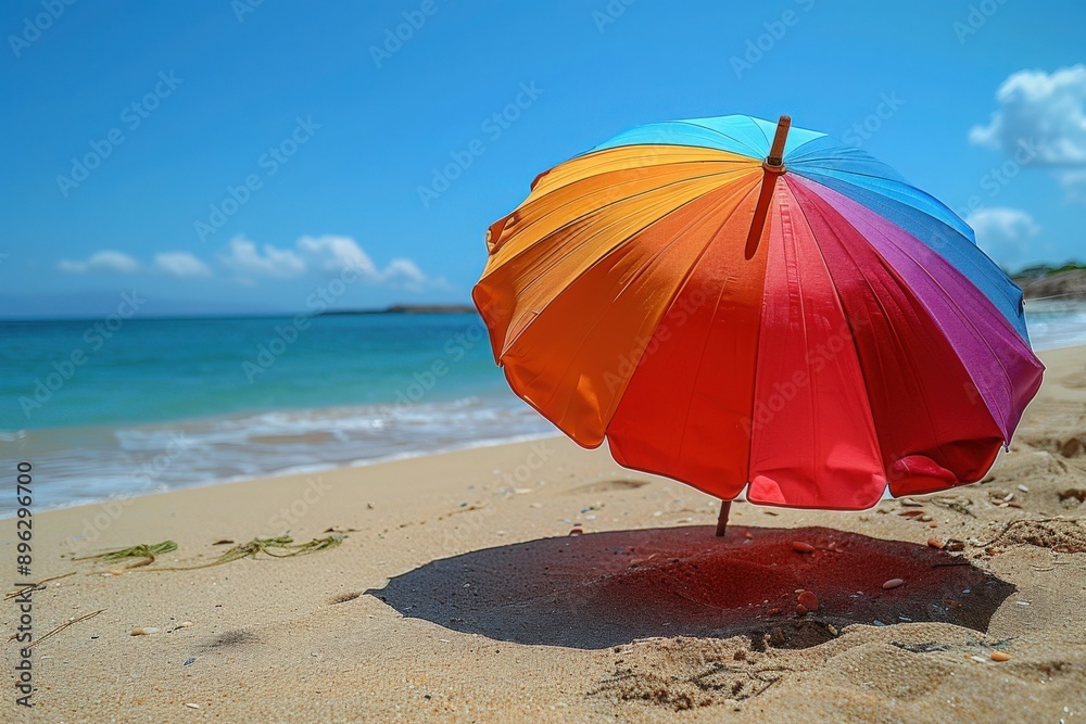 A vibrant beach umbrella stands tall on a sandy beach, with a clear blue sky and calm waves in the background A vibrant beach umbrella stands tall on a sandy beach, with a clear blue sky and calm waves in the background