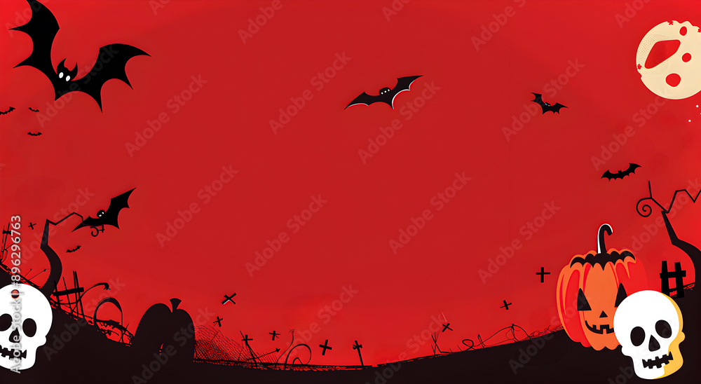 Halloween greetings vector design. In red space with pumpkin, skull and bat. Halloween greetings vector design. In red space with pumpkin, skull and bat.