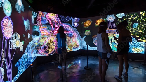 Visitors experiencing an immersive digital art installation, showcasing vibrant, animated projections that envelop the entire room.

