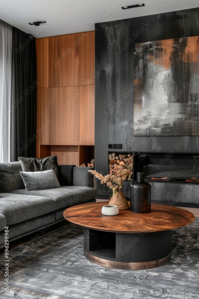 Interior of modern living room with black and wooden walls, concrete floor, gray sofa and coffee table. Interior of modern living room with black and wooden walls, concrete floor, gray sofa and coffee table.