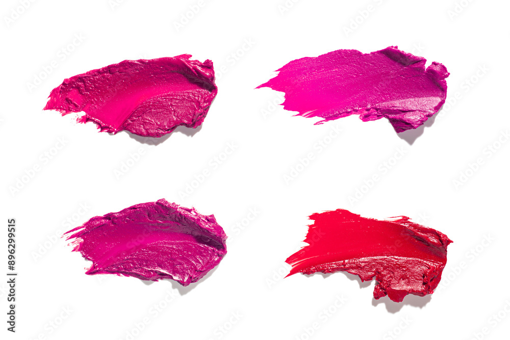 Fototapeta premium Lipstick pink fuchsia purple pink red orange beige palette set smudge background texture isolated on white background