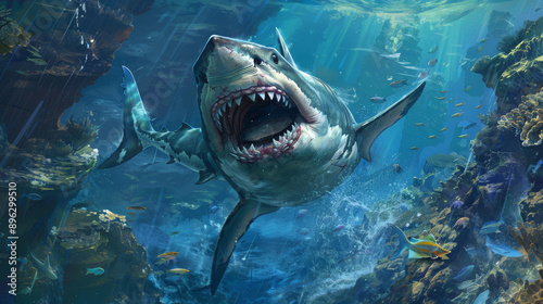 Amazing wallpaper for your desktop featuring a fearsome shark in its natural habitat.
