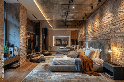 a modern bedroom in a loft style with brick walls