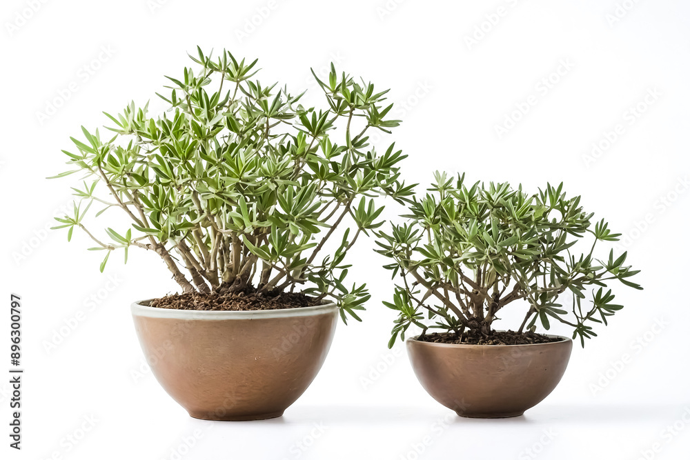 Two potted plants with green leaves on a white background Two potted plants with green leaves on a white background