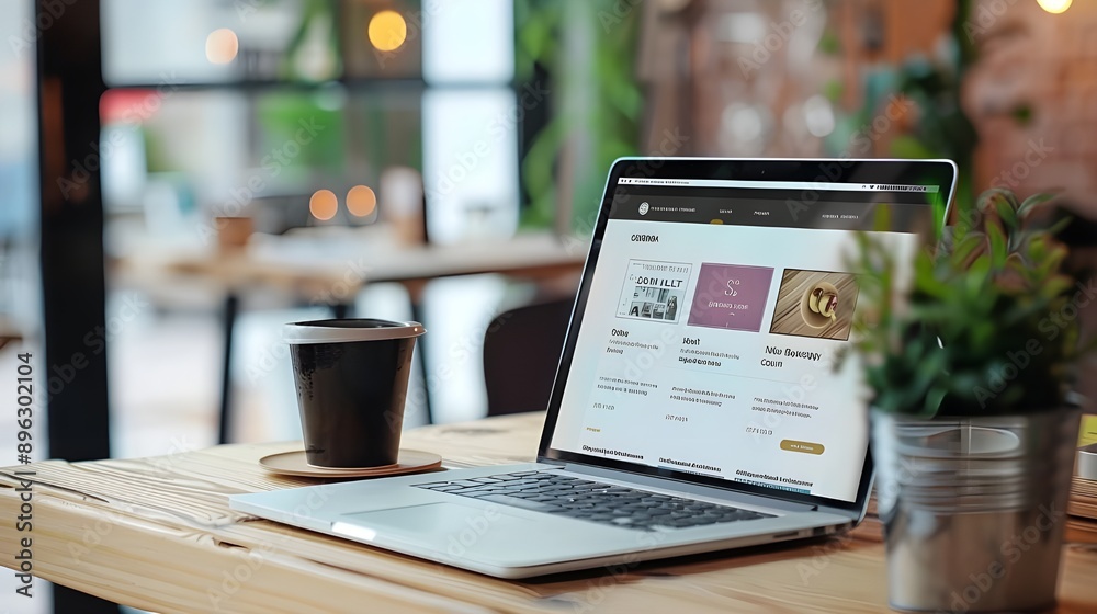 Person working on a laptop in a modern cafe with a coffee cup Person working on a laptop in a modern cafe with a coffee cup