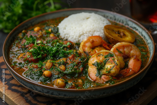 Cameroonian Ndolé with Shrimp, Plantains, and Rice photo