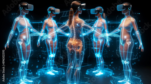 Women Wearing Virtual Reality Headsets Interact With Digital Human Body Models