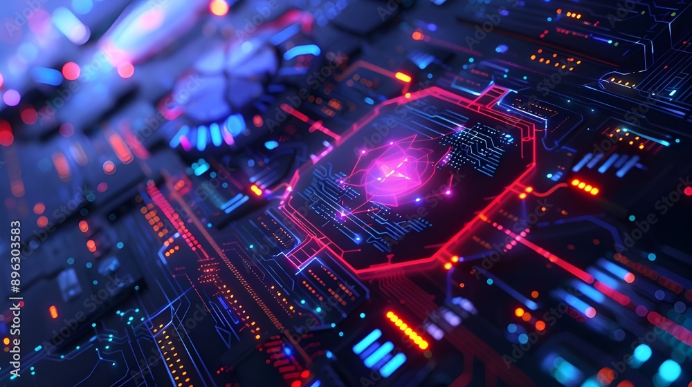 Obraz premium Close-up of a glowing microchip, representing advanced technology and digital circuits.