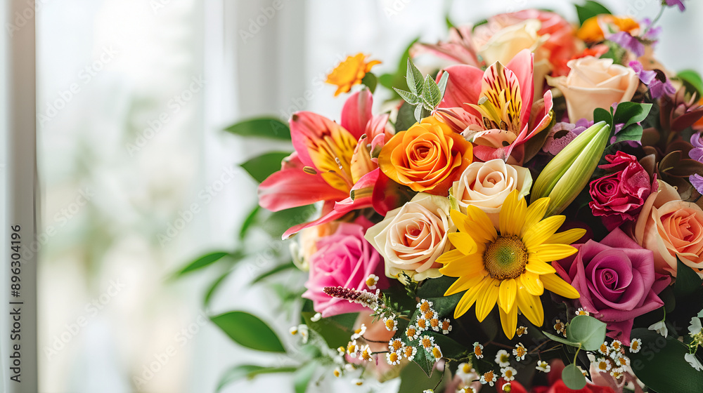 Colorful Flower Bouquet with Mixed Blooms Arranged in a Glass Vase, Displayed by a Window with Natural Sunlight Colorful Flower Bouquet with Mixed Blooms Arranged in a Glass Vase, Displayed by a Window with Natural Sunlight