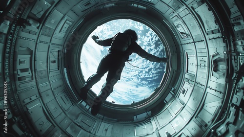 Fototapeta Naklejka Na Ścianę i Meble -  Astronaut floating in the space station with Earth visible through the portal. Captivating view of space exploration and zero gravity.