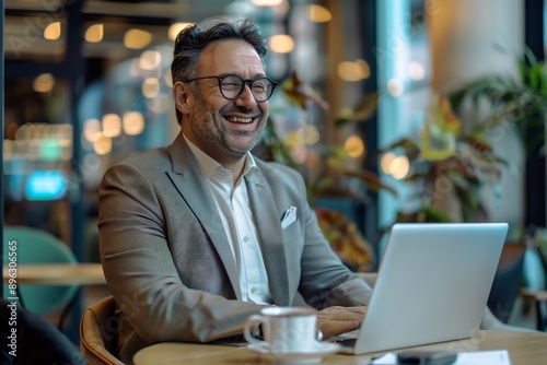 man using laptop in cafe bar.