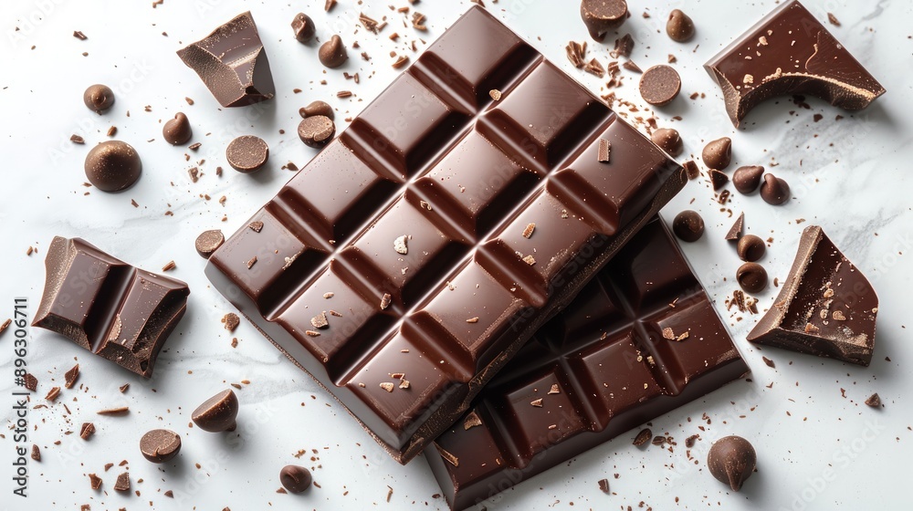 A simple composition of pieces of dark chocolate on white background.