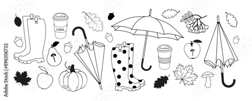 Set of fall elements. Umbrella, rubber boots, maple and oak leaves, apple, pear. Black and white vector illustration