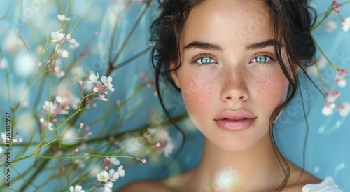 Woman With Blue Eyes Posing Near White Flowers