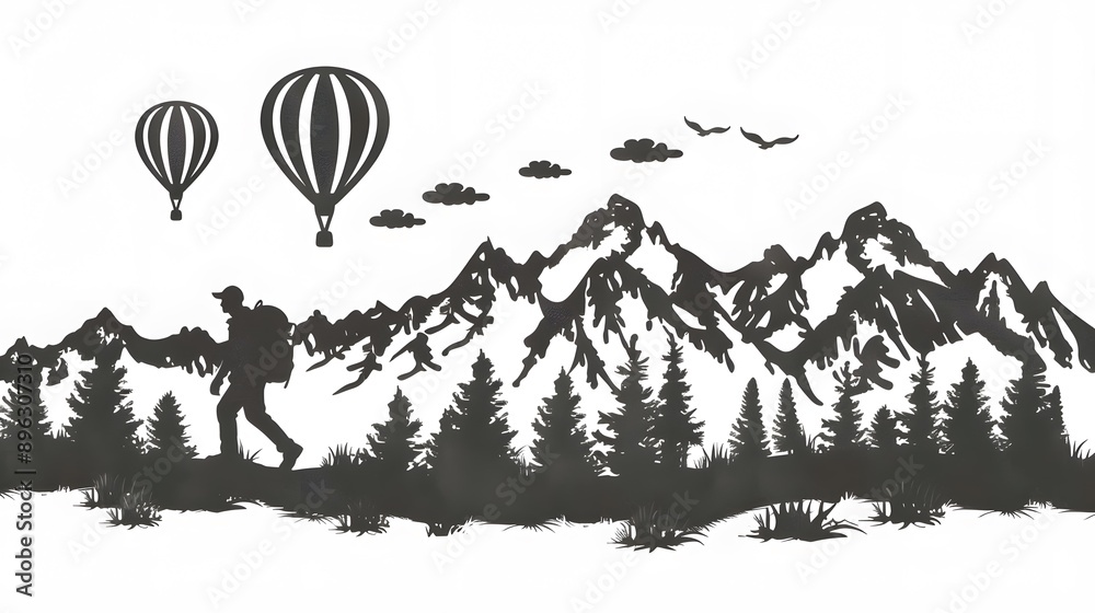 Obraz premium Spirit of adventure. Wall art design featuring hot air balloons, mountains and forests in the background. A man with a backpack is walking towards