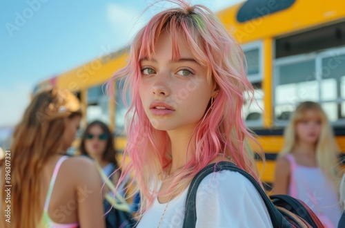 Young Woman With Pink Hair Stands By School Bus