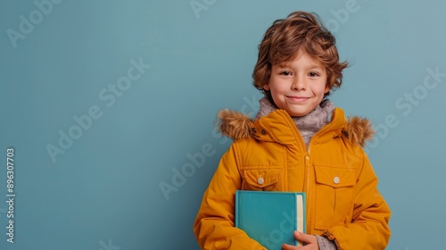 Boy Holding Book in Yellow Jacket Against Blue Wall