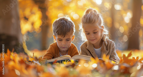Children Reading in Autumn Leaves