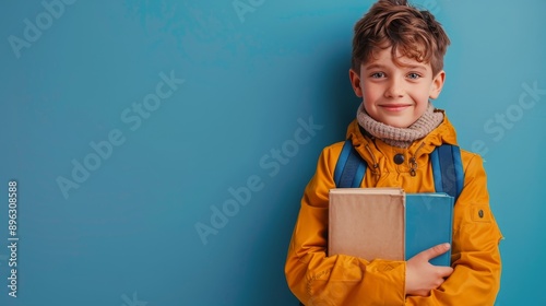 Boy Holding Book in Yellow Jacket Against Blue Wall
