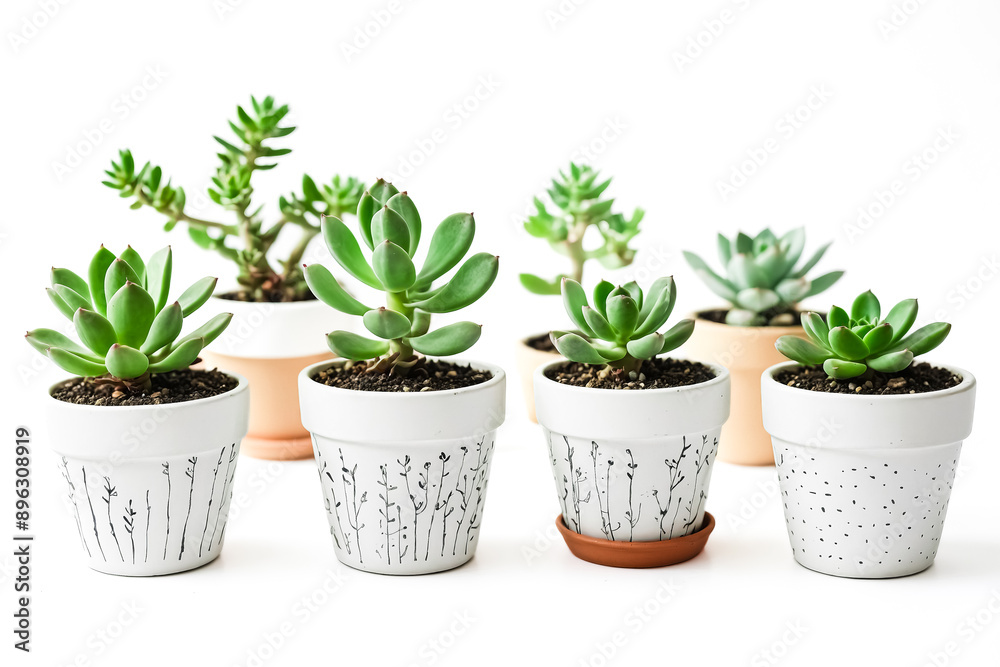 Obraz premium Succulents in white pots with black floral designs