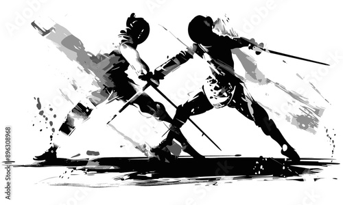 Obraz na płótnie Two people fencing. Abstract black and white illustration. w salonie