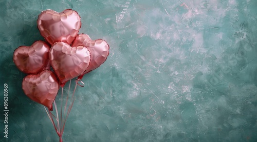 Pink Heart Balloons Against Teal Background