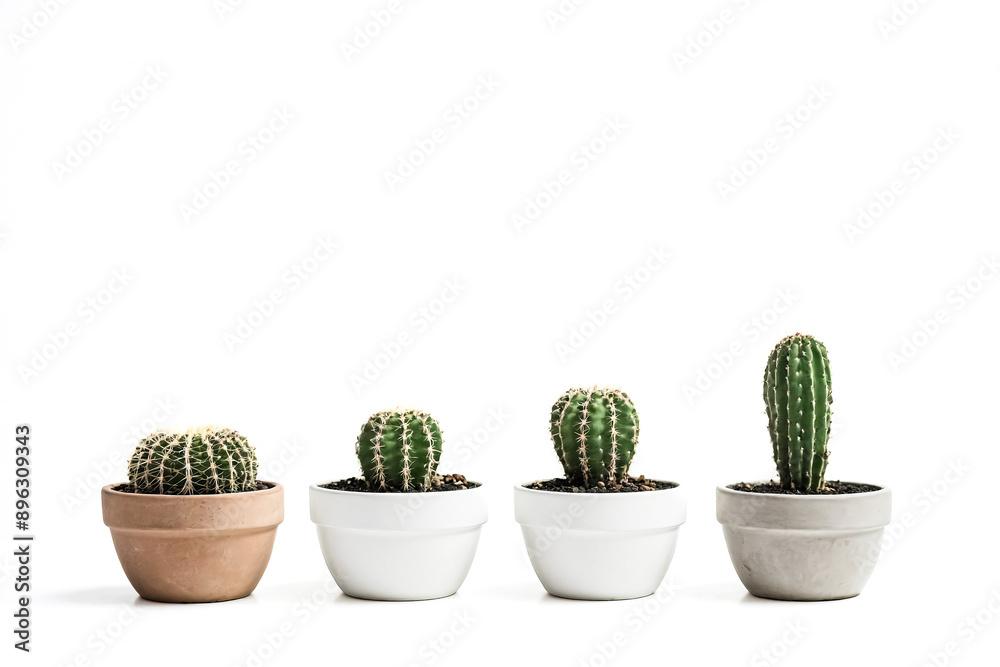 Four potted cacti in a row on a white background
