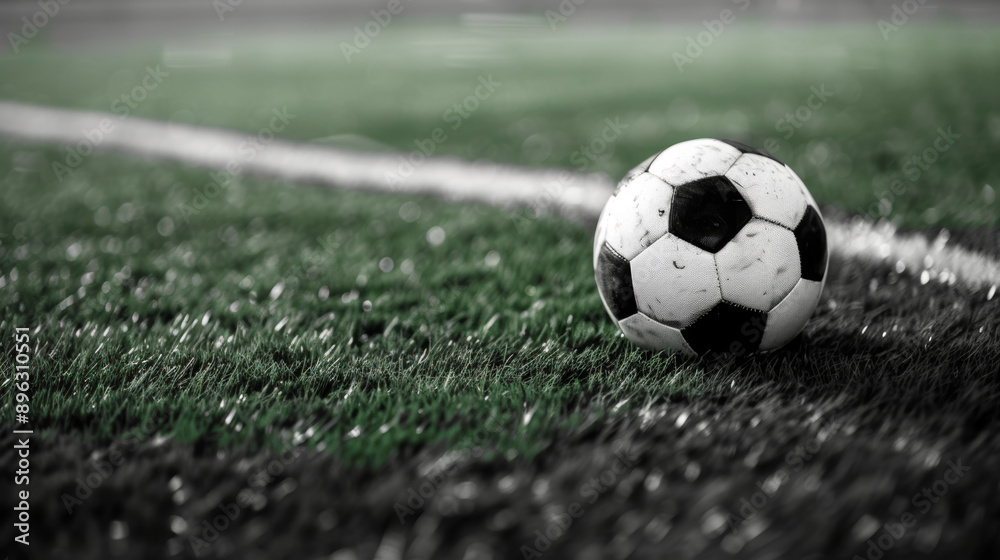 Fototapeta premium Black and white soccer and football on the green field. Great for posters, cards, websites, and apps.